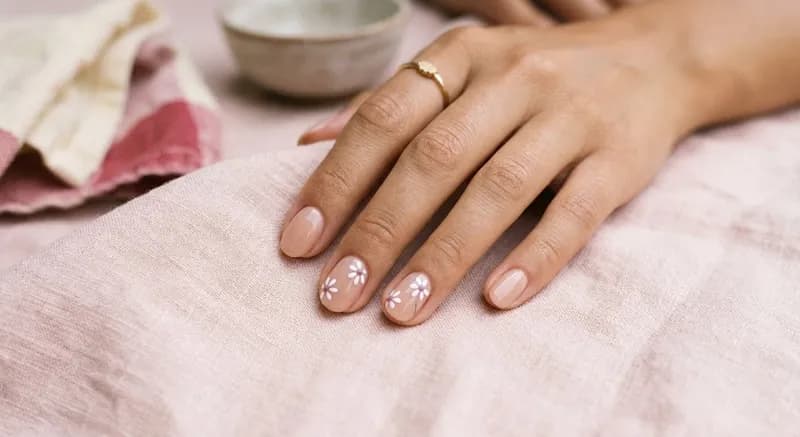 Unhas nude com florzinhas pintadas à mão