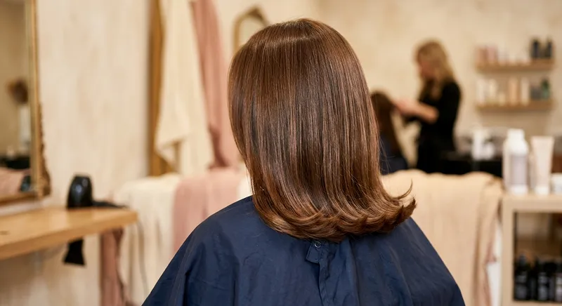 Cabelo castanho pelos ombros acabado de cortar e escovar