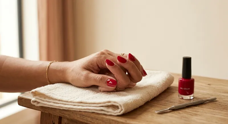 Unhas de gel vermelho-cereja acabadas de fazer, pousadas numa toalha dobrada