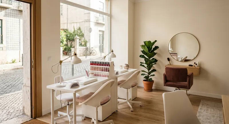 O salão JS Studio: mesas de manicure e uma cadeira de cabeleireiro com luz quente
