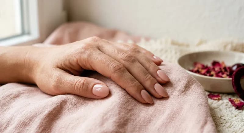 Manicure em gel simples, nude rosado e brilhante